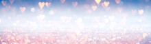 Romantic Wallpaper. Sparkling Pink Hearts On Shiny Silver And Blue Background. For Love, Romance, Or Valentine's Day.