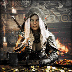 Portrait of a dangerous fantasy hooded dark elf assassin resting at a medieval tavern after a successful bounty. 3d rendering 