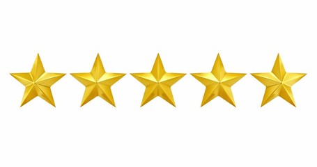 bright shine across five golden stars for five star rating or review, with mask. loop. 3d render.