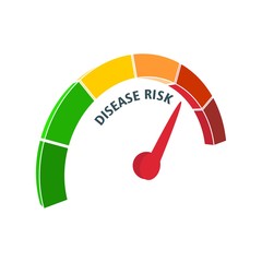 Color scale with arrow from green to red. Disease risk measuring device icon. Sign tachometer, speedometer, indicators. Colorful infographic gauge element