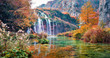Gorgeous morning view of pure water waterfall in Plitvice National Park. Stunning autumn afternoon in Croatia, Europe. Abandoned places of Plitvice lakes series. Beauty of nature concept background.