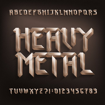 Heavy Metal alphabet font. 3D golden color beveled letters and numbers. Stock vector typescript for your design.