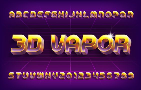 3D Vapor alphabet font. Retro letters and numbers in 80s style. Stock vector typescript for your typography design.
