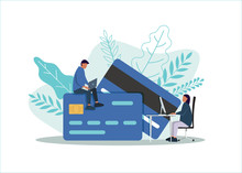 Debit Or Credit Card Payment, Business Concept. Vector Flat Style Illustration Of Man And Woman In Front Of A Credit Card. Online Payment Concept.