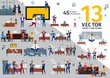 © pavelvinnik - Business Company Employees, Office Workers Work Scenes Trendy Flat Vectors Set. Business Partners on Meeting, Stressed Entrepreneur, Resting and Talking in Bar or Cafe People, Angry Boss Illustrations