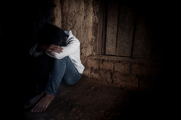 human trafficking concept, human rights violations, stop violence and abused children. traumatized c