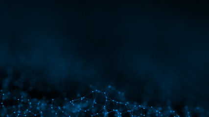 3D rendering abstract futuristic with connection glowing lines and particle on dark blue background, Science, Business, Comunication, Technology concept. Plexus structure. Illustration. copy space