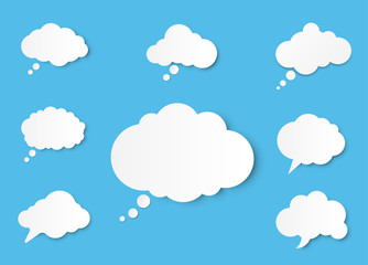 Poster - Paper art with white bank cloud on blue sky background. Collection graphic resources about speech bubble