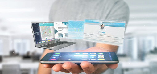 Poster - Businessman holding a Website application going out a laptop screen 3d rendering