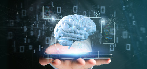 Poster - businessman holding a intelligence artificial brain with data - 3d rendering