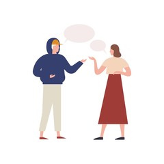 Poster - Cartoon hipster man talking to elegant girl with speech bubbles vector flat illustration. Couple having conversation each other isolated on white background. Male and female discussing