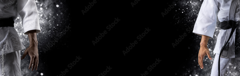 фотографія Two martial arts masters, karate practice. Sports banner