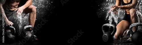 Fotografía Sporty woman and man workout with kettle bell. Sports banner