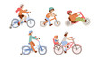 Set of children riding bicycles of different types - city, 4 wheel, balance bike and bmx bicycle with Child Seat, Baby Carrier Seat. Kids doing summer sport activities on bikes.