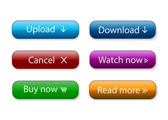 Poster - Set of vector modern material style buttons with text. Different gradient colors and icons for web, mobile app. Template navigation button menu for shop, game, internet, interface banner, site. Vector