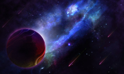 abstract space illustration, bright colored planet, shooting stars and blue lights