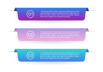 Ribbon banner design. Infographic labels or tabs with 3 options, levels or steps and space for text. Graphic elements for web, information brochure and business presentation. Vector illustration