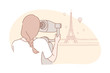 Sightseeng, travel, tourism concept. Young adventurous woman traveller looks at Eiffel tower. Girl tourist is on vacation in Paris. Eiffel tower is famous landmark in europe. Simple flat vector