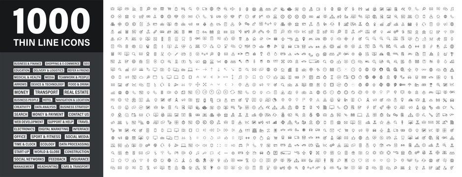 big set of 1000 thin line web icon. business, finance, shopping, logistics, medical, health, people,