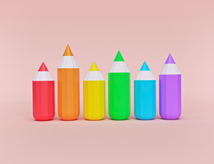 Poster - cartoon style, Set of school supplies. colored pencils isolated on pastel background. minimal concept. 3d rendering
