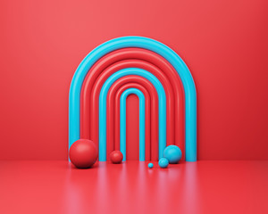Poster - Scene with geometrical forms, red and blue shapes minimal background. 3d rendering