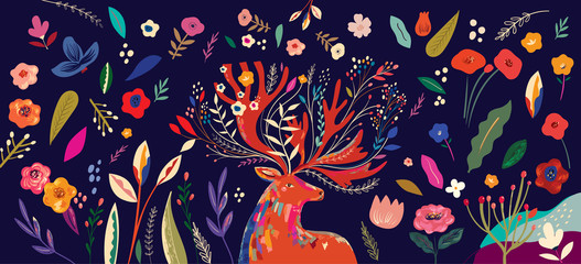 Wall Mural - Beautiful spring creative art work illustration with flowers and deer