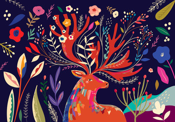 Wall Mural - Beautiful spring art work illustration with flowers and deer