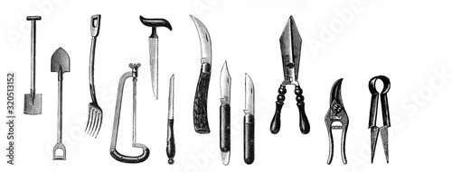 Fotomural Garden tools - Antique engraved illustration from Brockhaus Konversations-Lexiko