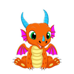 Wall Mural - Cartoon baby dragon sitting on white background