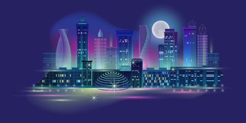 Wall Mural - Night city panorama with moon and neon glow. Vector illustration.