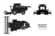 Black silhouette of combine harvester. Side, front and top view of agriculture machinery. Farming vehicle. Industrial isolated drawing