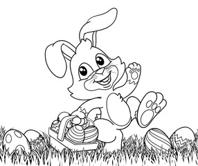 easter bunny rabbit cartoon character holding a basket full of painted easter eggs in a field of gra