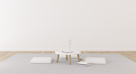 Poster - Perspective of modern living room with seating pillow and small table on white background. 3D rendering.