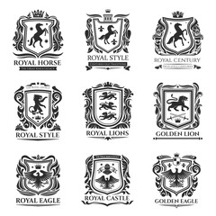 Poster - Heraldic shields, Medieval animals, Pegasus horse and royal floral emblems. Vector heraldic icons of Griffin lion with eagle wings, imperial crown, floral wreath and fleur de lys coat of arms shield