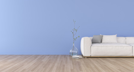 Poster - View of blue living room in minimal style with sofa and small side table on laminate floor.Perspective of interior design. 3d rendering.	