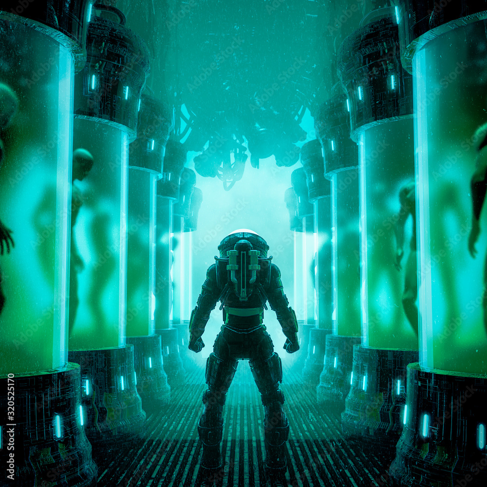 Meeting your maker / 3D illustration of science fiction scene with astronaut inside futuristic alien laboratory filled with human clones