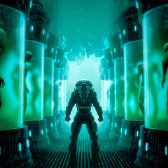 Wall Mural - meeting your maker / 3d illustration of science fiction scene with astronaut inside futuristic alien