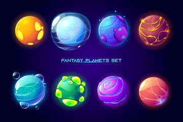 Wall Mural - Fantasy space planets for ui galaxy game. Vector cartoon icons set of magic alien world, fantastic cosmic objects with bubbles, ice cover, holes and spiral. Fantastic astronomy collection