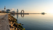 Caspian Sea coast in Baku during sunrise, new construction