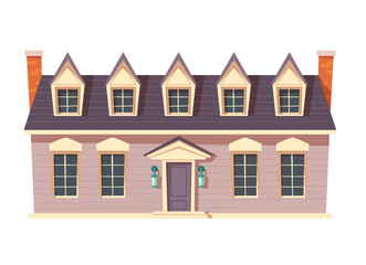 Wall Mural - Urban retro colonial style building cartoon vector illustration. Old wooden residential and government buildings, Victorian houses isolated on white background