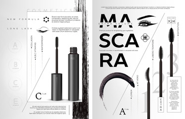 Wall Mural - Vector Mascara flyer booklet or brochure template. Brush and mascara tube. Black wand and mascara tube. Fashionable cosmetics Makeup design for catalog.