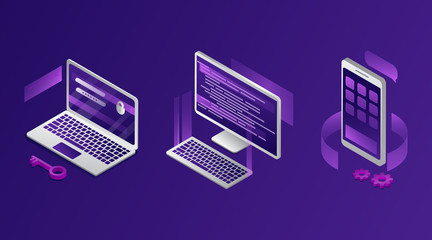 Poster - Isometric Set of Computer, Laptop, and Smartphone. 3d Devices on Modern Blue Background. Vector Illustration