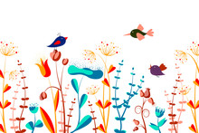 Cartoon Cute Little Birds Among Multicolored Unusual Flowers On White Background. Natural Floral Background