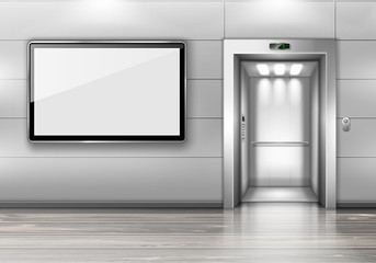 Realistic elevator with open door and TV screen on wall in office or modern hotel hallway, empty lobby interior with lift, wooden floor and blank display, indoor transportation 3d vector illustration