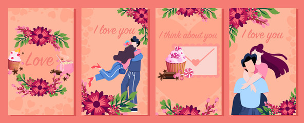 Canvas Print - Valentine day card set. Happy couple in love.