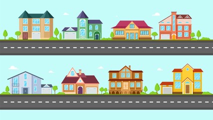 Poster - Flat cottage. Neighborhood houses, villa and residential on street. Suburban village at road. Property, family buildings or real estate vector illustration. Cottage neighborhood, housing residence