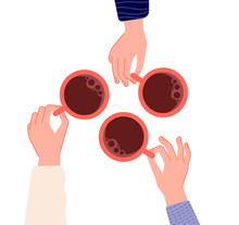 Hands Holding Cups. Coffee, Tea In Woman Hand. Isolated Mugs With Hot Drinks In Cafe. Friends Meeting Or Morning Time Vector Illustration. Hot Cup Of Coffee Drink, Hand With Mug