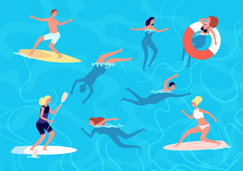 Canvas Print - People swimming. Summer swim, woman man in vacation. People in sea or ocean, surfing and relaxing in water. Swimmers vector illustration. Summer holiday, vacation sea swim, relax in pool