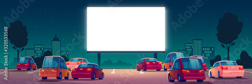 Fotografía Outdoor cinema, drive-in movie theater with cars on open air parking