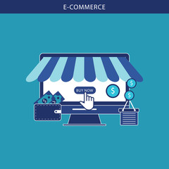 Poster - Online shopping and online store concept. Computer with screen buy. Vector illustration icon